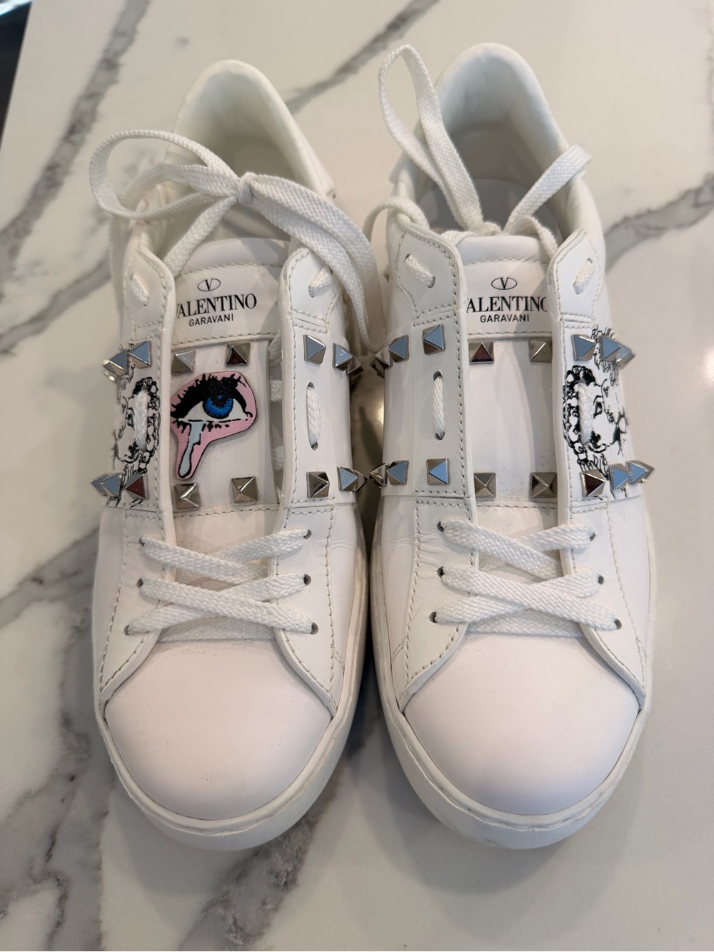 Valentino Garavani White Leather Studded Sneakers with Graphic Detail